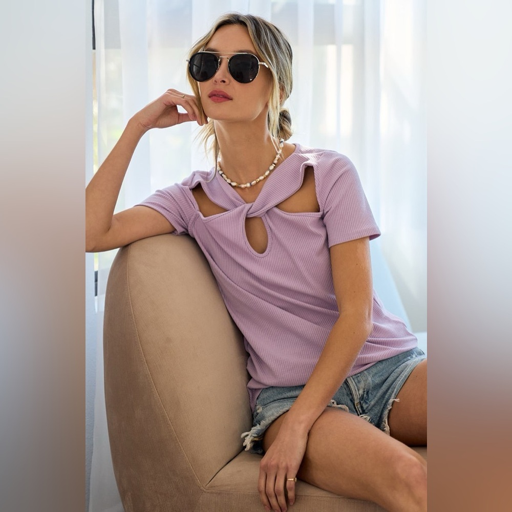 BiBi Rib Knit with Cut Out and Front Twist Detailed Top